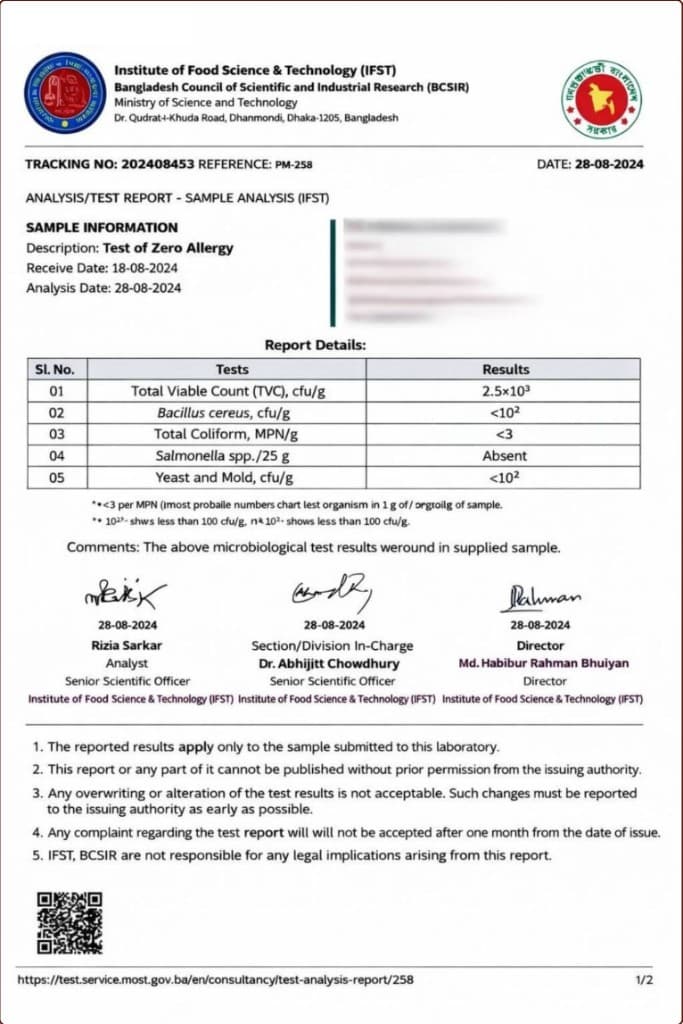 IFST BCSIR ল্যাব রিপোর্ট — Test of Zero Allergy, Tracking No. 202408453, Reference PM-258
